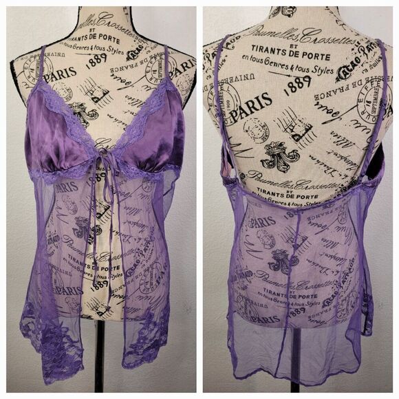 Victorias Secret Babydoll Top Large Sheer V Neck Open Front Purple VTG 90's Y2K - Picture 1 of 10